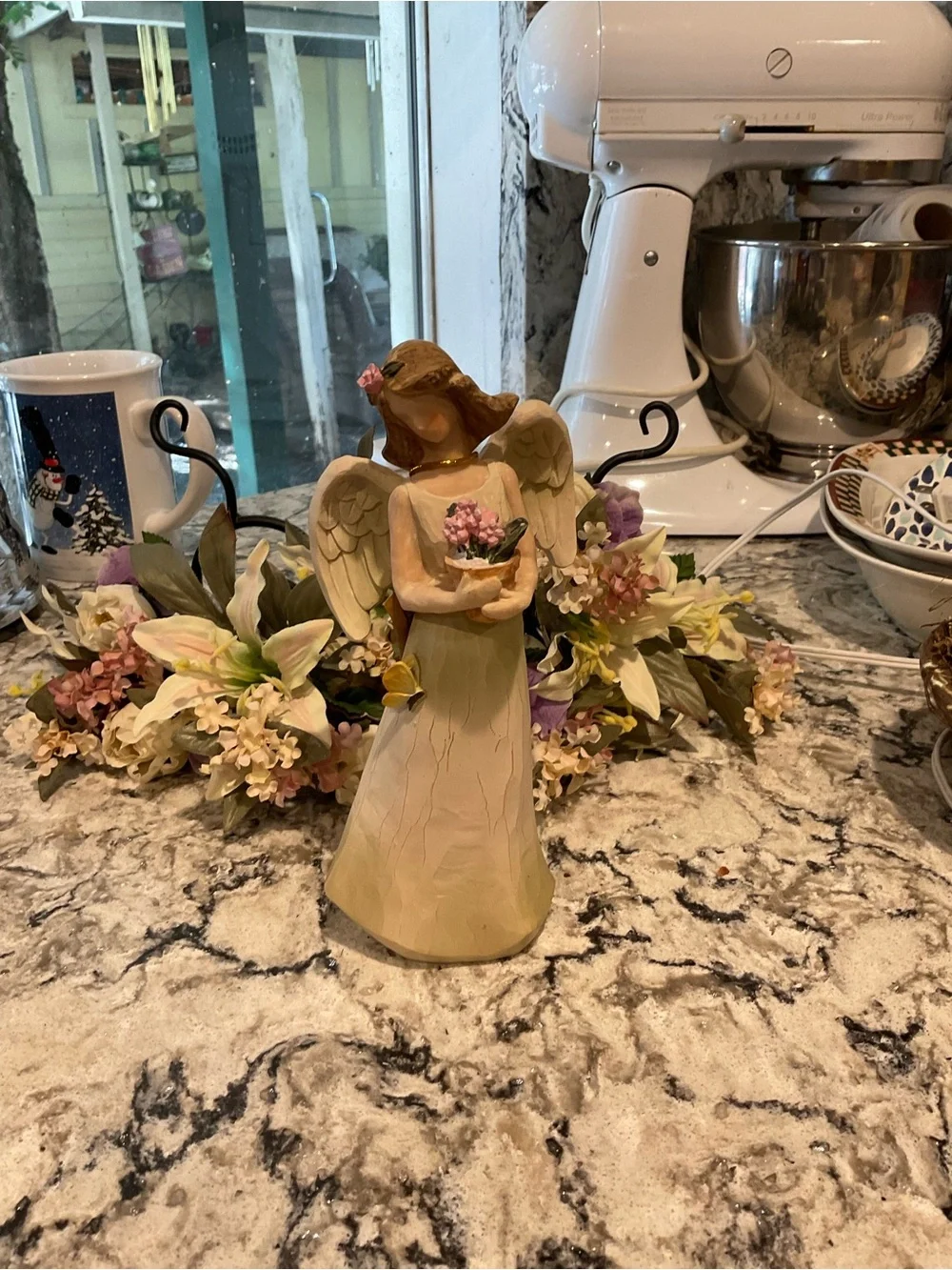 BR-Handcrafted Cream Angel Figurine with Pastel Floral Accents